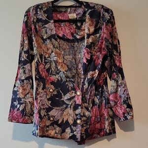 Floral Printed Women's Blazer Jacket - Navy Multi